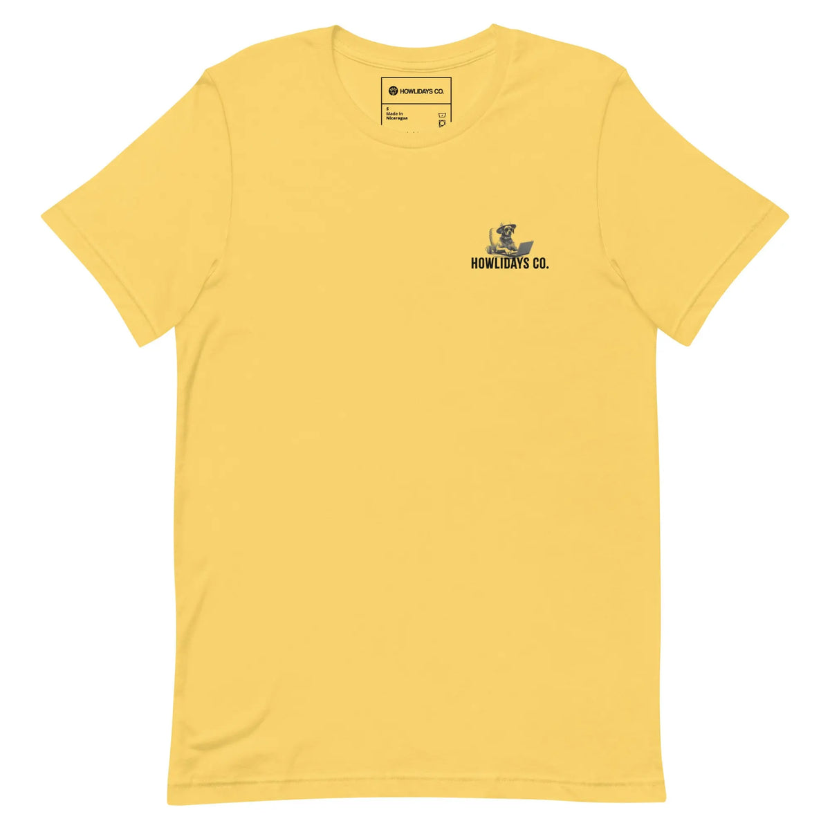 Front view of the yellow Paws & Places Tee with a small black chest graphic.